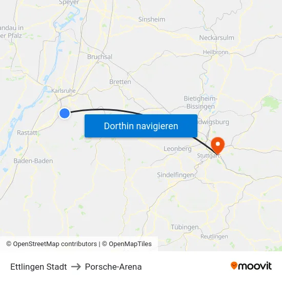 Ettlingen Stadt to Porsche-Arena map