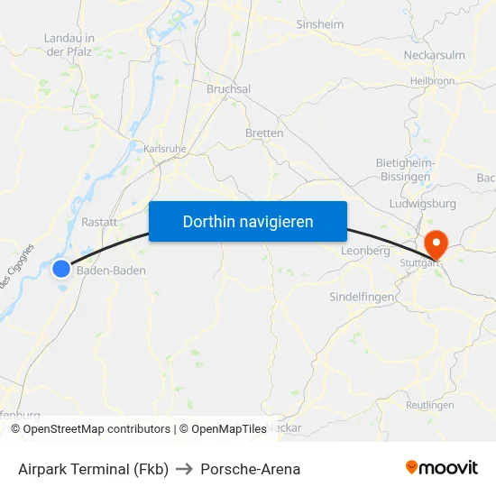 Airpark Terminal (Fkb) to Porsche-Arena map