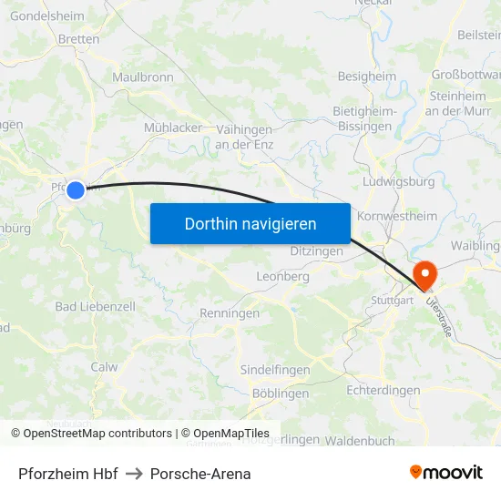 Pforzheim Hbf to Porsche-Arena map