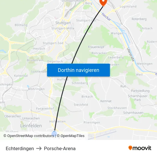 Echterdingen to Porsche-Arena map