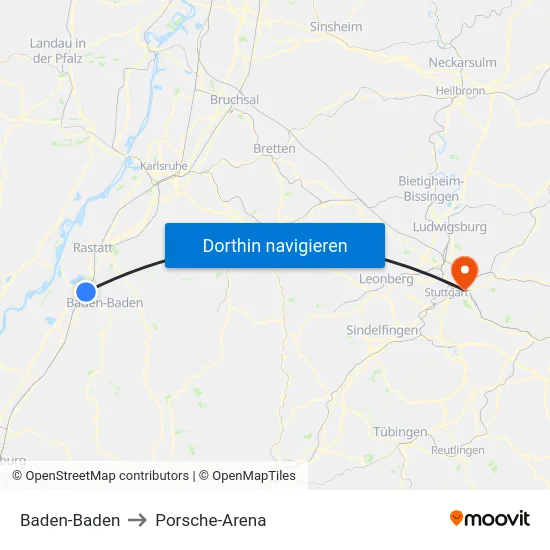 Baden-Baden to Porsche-Arena map