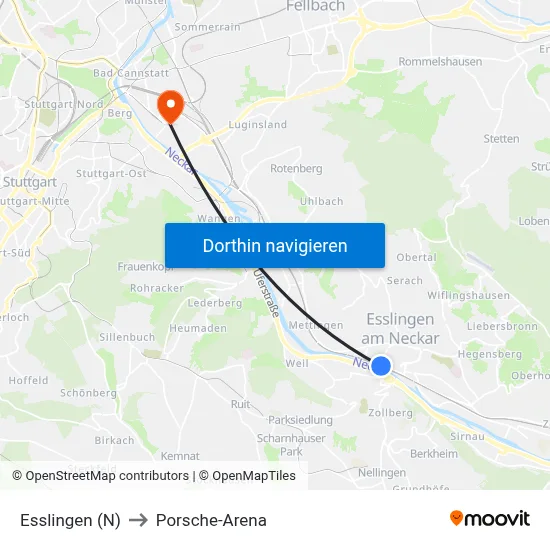 Esslingen (N) to Porsche-Arena map
