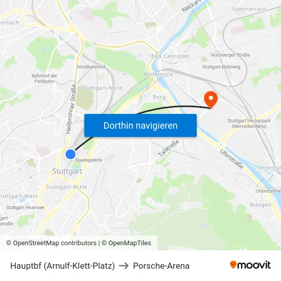 Hauptbf (Arnulf-Klett-Platz) to Porsche-Arena map