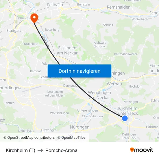 Kirchheim (T) to Porsche-Arena map
