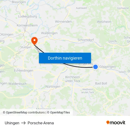 Uhingen to Porsche-Arena map