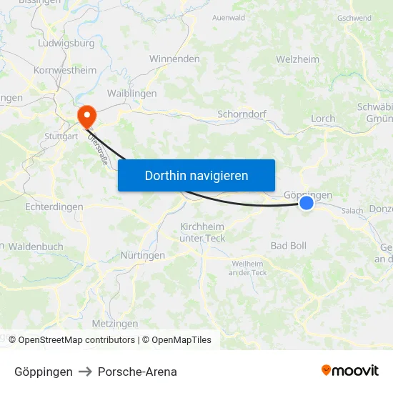 Göppingen to Porsche-Arena map