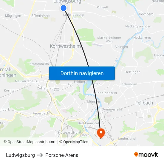 Ludwigsburg to Porsche-Arena map