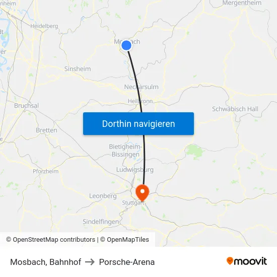 Mosbach, Bahnhof to Porsche-Arena map