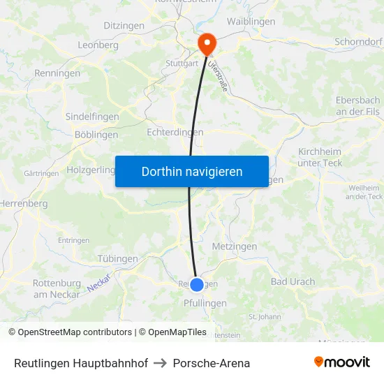 Reutlingen Hauptbahnhof to Porsche-Arena map
