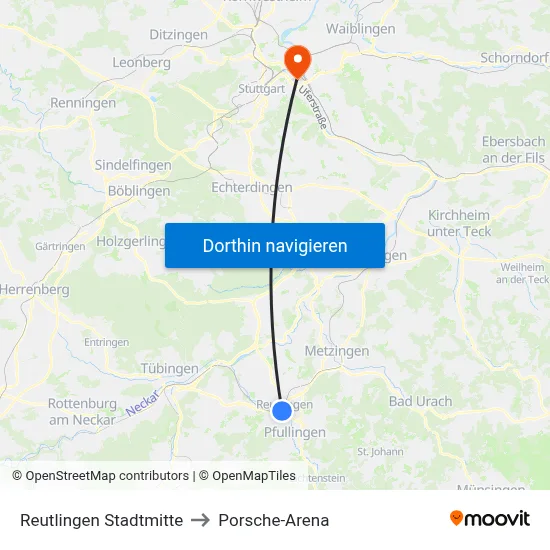 Reutlingen Stadtmitte to Porsche-Arena map