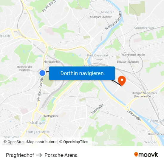 Pragfriedhof to Porsche-Arena map