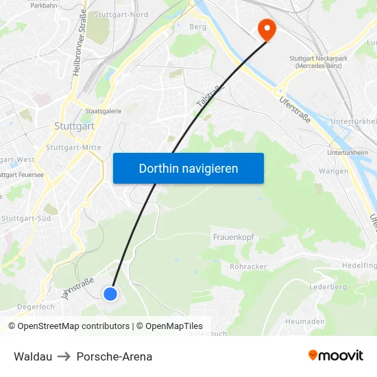 Waldau to Porsche-Arena map
