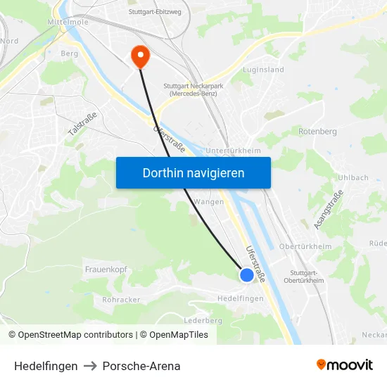Hedelfingen to Porsche-Arena map