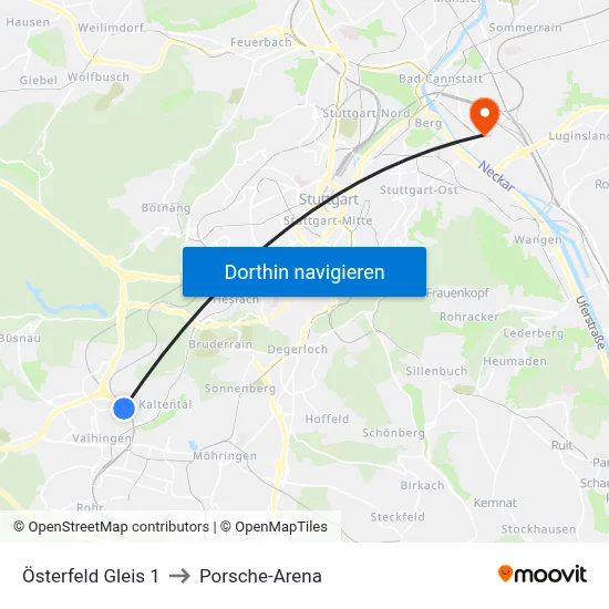 Österfeld Gleis 1 to Porsche-Arena map