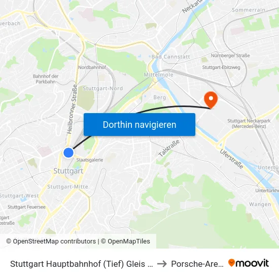 Stuttgart Hauptbahnhof (Tief) Gleis 101 to Porsche-Arena map