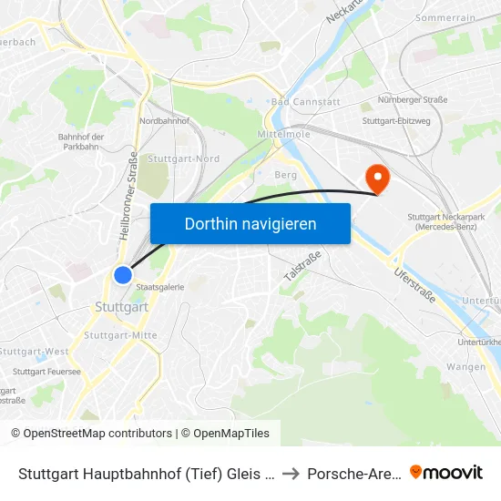 Stuttgart Hauptbahnhof (Tief) Gleis 102 to Porsche-Arena map