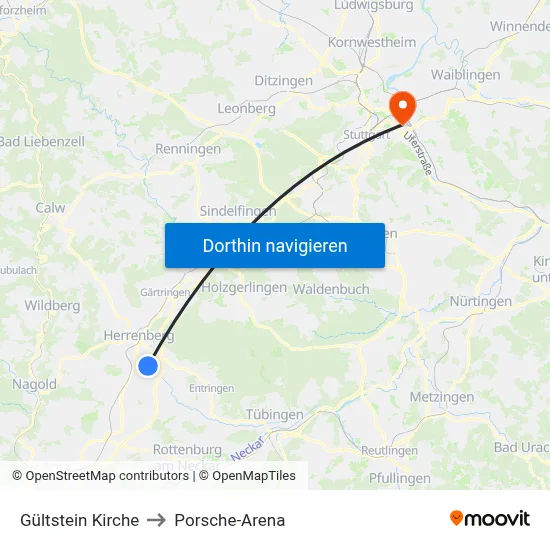 Gültstein Kirche to Porsche-Arena map