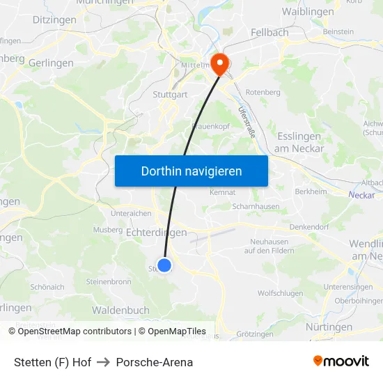 Stetten (F) Hof to Porsche-Arena map