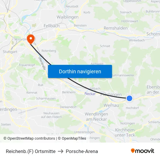 Reichenb.(F) Ortsmitte to Porsche-Arena map