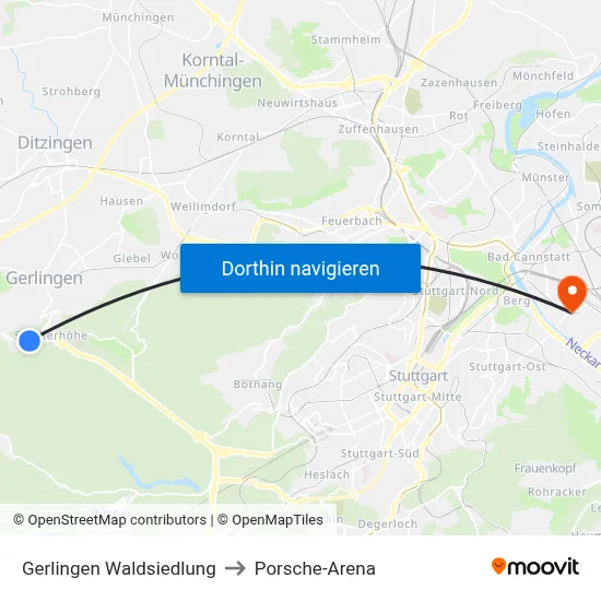 Gerlingen Waldsiedlung to Porsche-Arena map