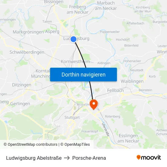 Ludwigsburg Abelstraße to Porsche-Arena map