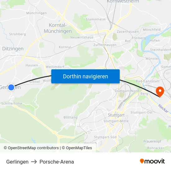 Gerlingen to Porsche-Arena map