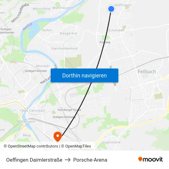 Oeffingen Daimlerstraße to Porsche-Arena map