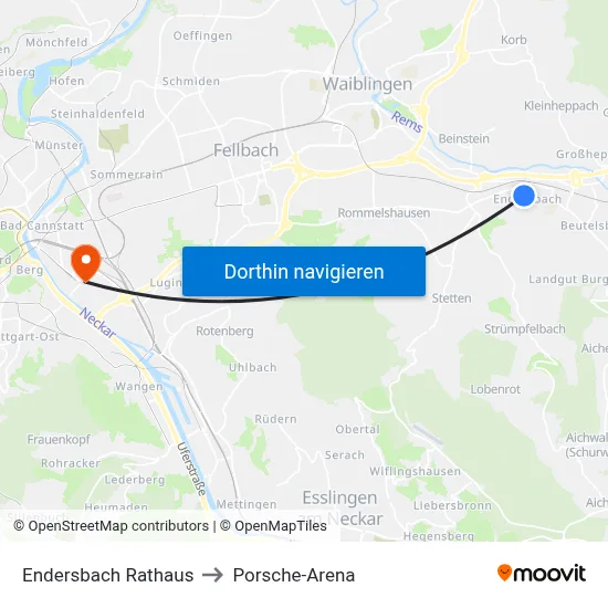 Endersbach Rathaus to Porsche-Arena map