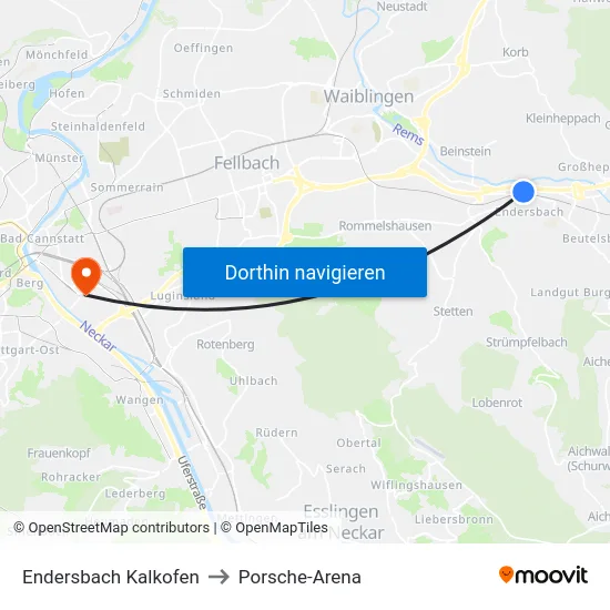 Endersbach Kalkofen to Porsche-Arena map