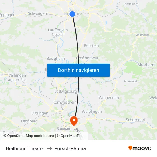 Heilbronn Theater to Porsche-Arena map