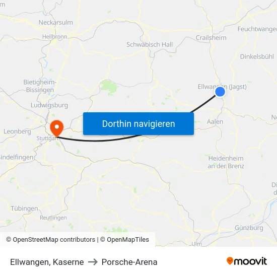 Ellwangen, Kaserne to Porsche-Arena map