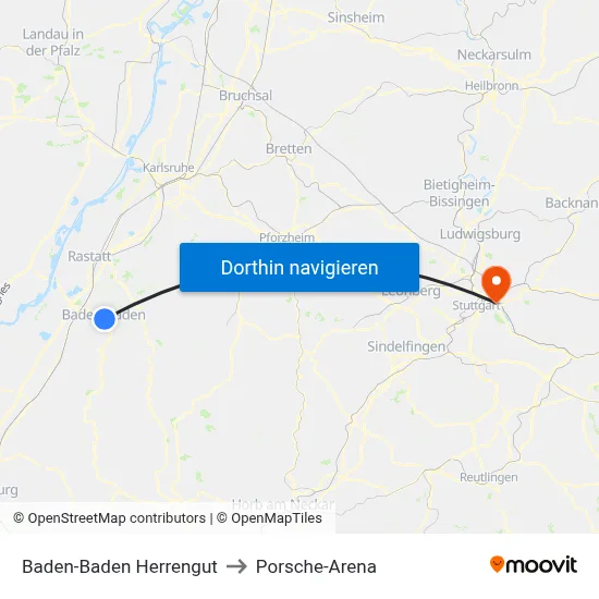 Baden-Baden Herrengut to Porsche-Arena map