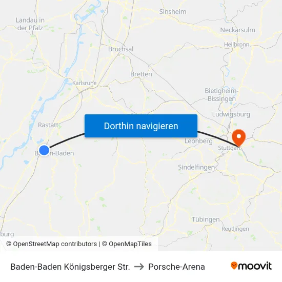 Baden-Baden Königsberger Str. to Porsche-Arena map