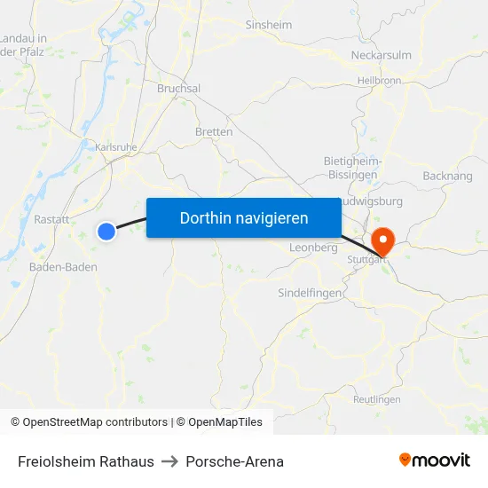 Freiolsheim Rathaus to Porsche-Arena map