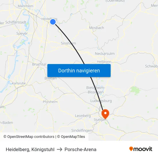 Heidelberg, Königstuhl to Porsche-Arena map