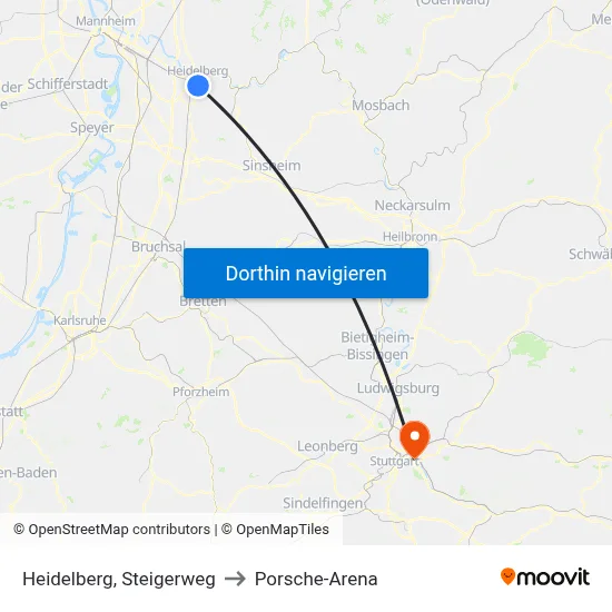 Heidelberg, Steigerweg to Porsche-Arena map