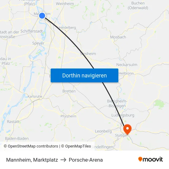 Mannheim, Marktplatz to Porsche-Arena map