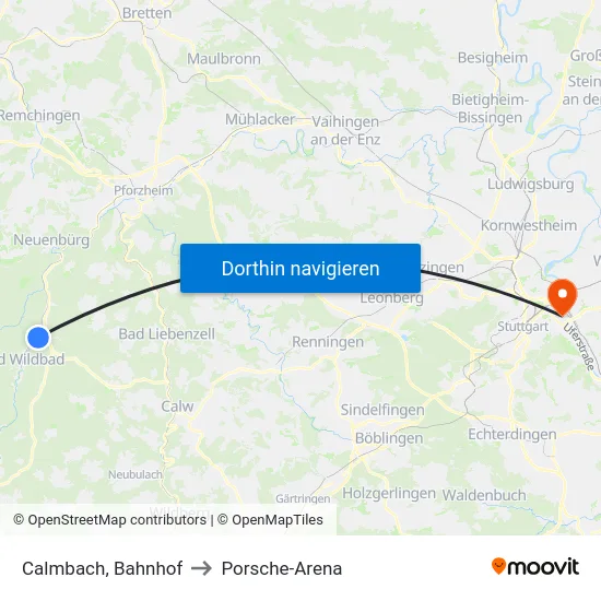 Calmbach, Bahnhof to Porsche-Arena map