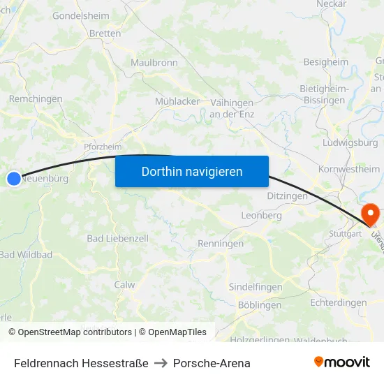 Feldrennach Hessestraße to Porsche-Arena map