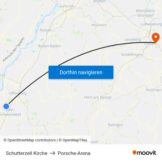 Schutterzell Kirche to Porsche-Arena map