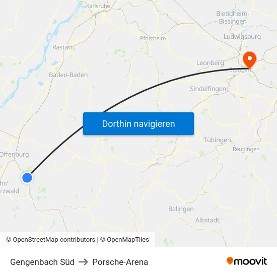 Gengenbach Süd to Porsche-Arena map