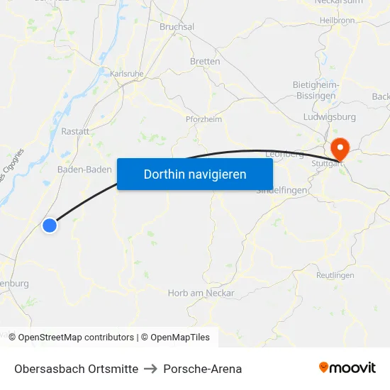 Obersasbach Ortsmitte to Porsche-Arena map
