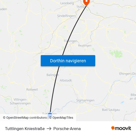 Tuttlingen Kniestraße to Porsche-Arena map