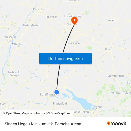 Singen Hegau-Klinikum to Porsche-Arena map