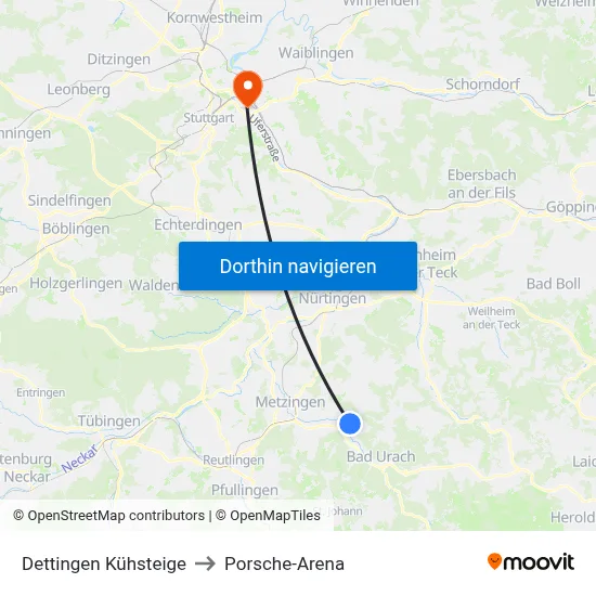 Dettingen Kühsteige to Porsche-Arena map
