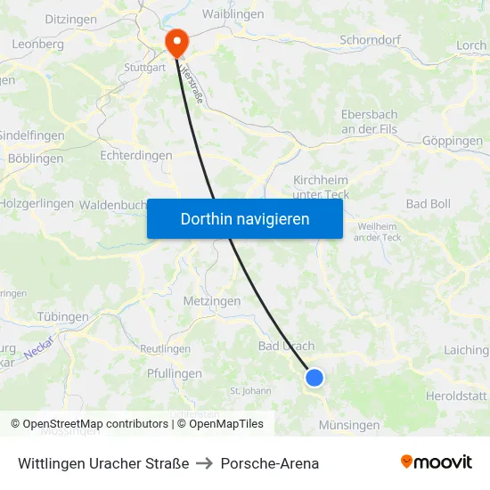 Wittlingen Uracher Straße to Porsche-Arena map