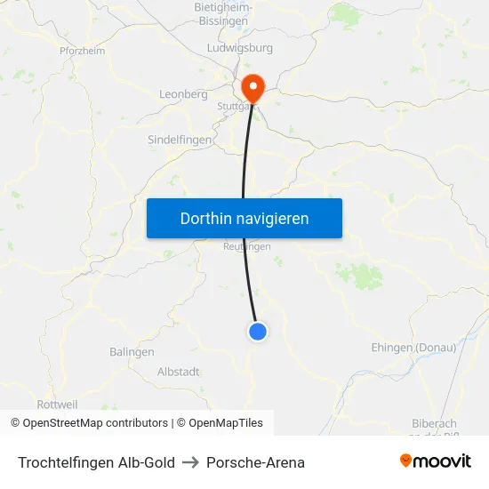 Trochtelfingen Alb-Gold to Porsche-Arena map