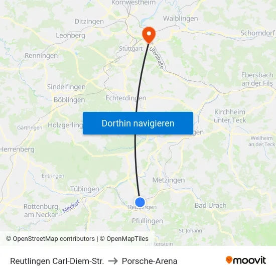 Reutlingen Carl-Diem-Str. to Porsche-Arena map