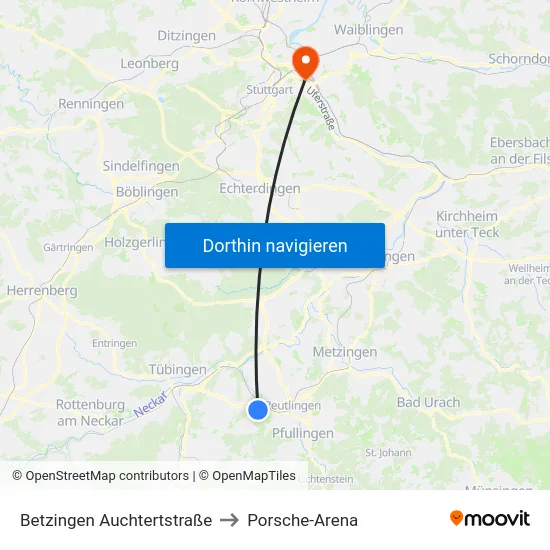 Betzingen Auchtertstraße to Porsche-Arena map