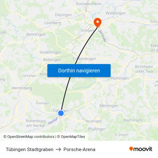 Tübingen Stadtgraben to Porsche-Arena map